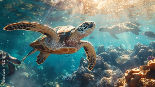 A sea turtle soars in clear ocean waters, with a coral reef below and sunbeams above. © Liana