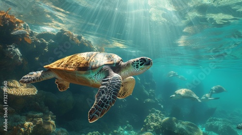 Sea turtle glides through the water near a coral reef, with sunlight filtering from above. © Liana