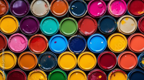 Colorful Array of Paint Cans Top View, Artistic Creativity and Home Improvement Concept, photograph