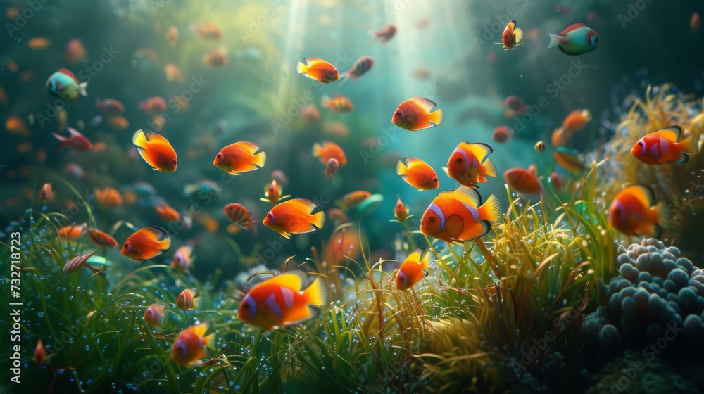 Fototapeta premium School of vibrant orange fish amidst underwater plants with sunbeams piercing through.