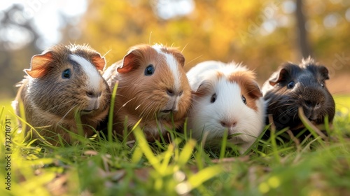 Guinea pigs huddle in the grass, displaying their varied coats in soft daylight.