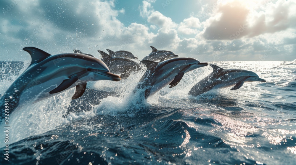Pod of dolphins leaping together from ocean waves under cloudy skies. - obrazy, fototapety, plakaty 