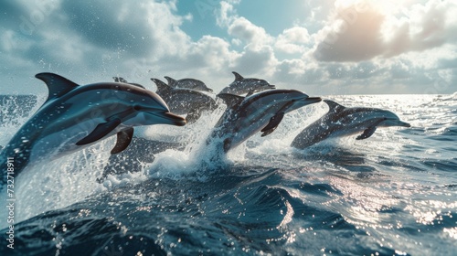 Pod of dolphins leaping together from ocean waves under cloudy skies. © Liana