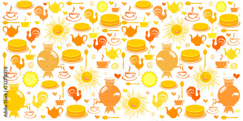 Holiday Shrovetide. Russian folk festivities. The symbols of the holiday is pancakes and sun. Great Russian holiday.Good for textile fabric design, wrapping paper, website wallpapers, textile. Vector