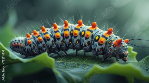 Caterpillar with orange spots crawling on a green leaf, in sharp detail.