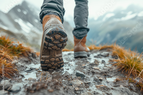 A close-up photo capturing the shoes of a tourist trekking through rugged mountain terrain.