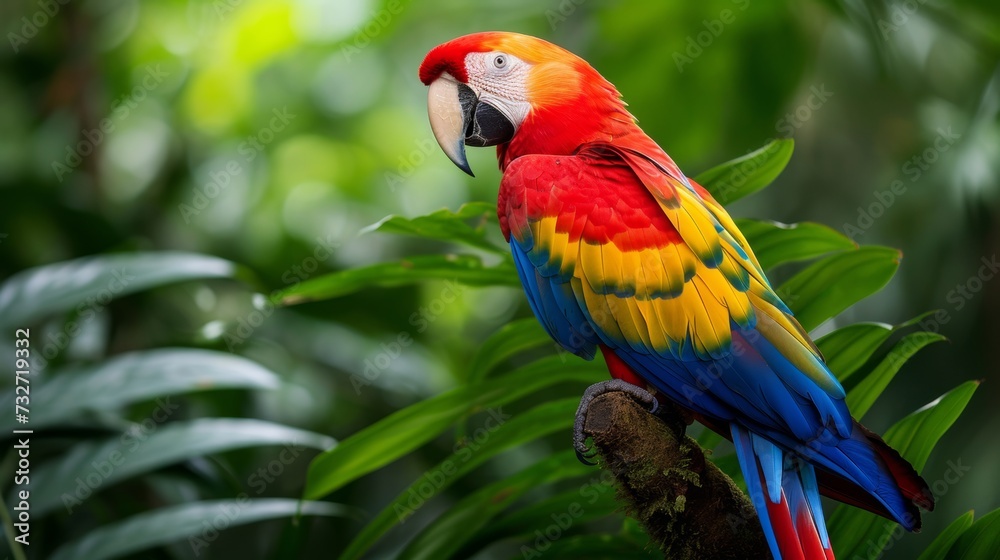 Macaw with red and blue feathers sits among leaves in a tropical forest. Macaw with red and blue feathers sits among leaves in a tropical forest.