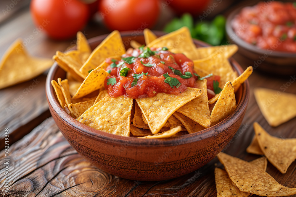 Nachos with tomato sauce on wooden table Nachos with tomato sauce on wooden table