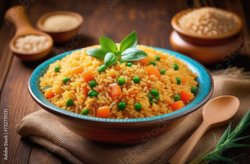 International Day of Nowruz, traditional Iranian and Turkic cuisine, national Uzbek pilaf, Halim ashi, pottery, with pieces of vegetables and herbs, photos for the menu of a restaurant or cafe photo