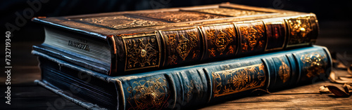 Close-up view of antique books photo