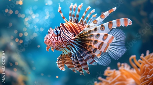 The striped beauty of a lionfish contrasts with the soft corals in a dance of ocean colors. This predator's elegant fins and bold stripes captivate the eye.