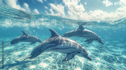 Dolphins glide through crystal-clear waters under a bright sky, displaying their social behavior. Their silhouettes against the sunlit surface create a tranquil ocean scene. © Liana