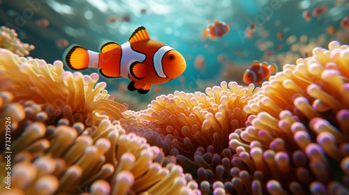 An adventurous clownfish peeks from the safety of its anemone amongst the bustling life of the reef.