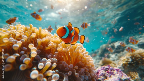 Amidst the coral sanctuary, a clownfish explores its colorful home, a tapestry of oceanic wonder.