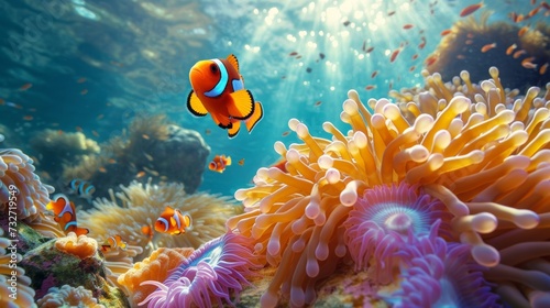 A clownfish, vibrant against the aquatic blues, navigates the vivid coral reefs in a dance of marine life. © Liana