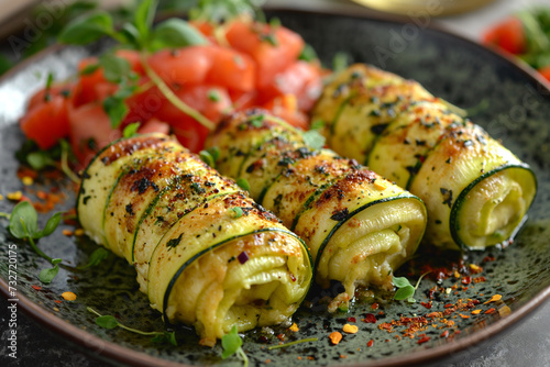Plate of zucchini and ricotta rolls with tomato. photo