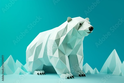 Polygonal polar bear on ice in origami style