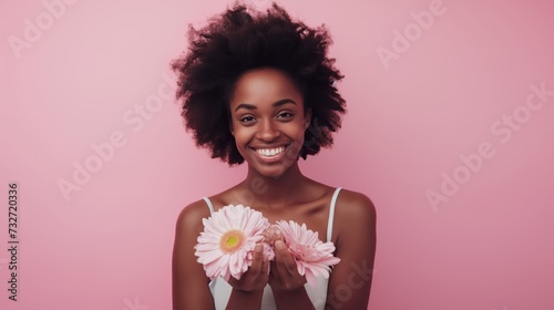 Jovem negra posando para foto com fundo rosa photo