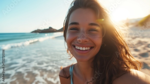 Mulher jovem feliz olhando para a foto © Dudarte
