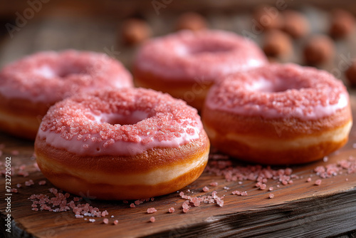 Donuts with pink glaze and sugar granules on a wooden board.