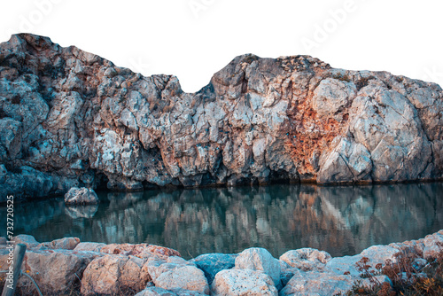 Panoramic landscape of rocky shore on white background. Mediterranean sea  Catalonia png photo.