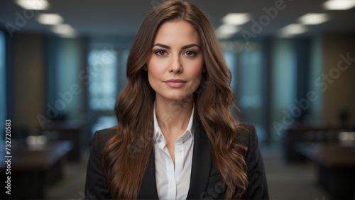 Woman with brown hair wearing office clothes with an office background