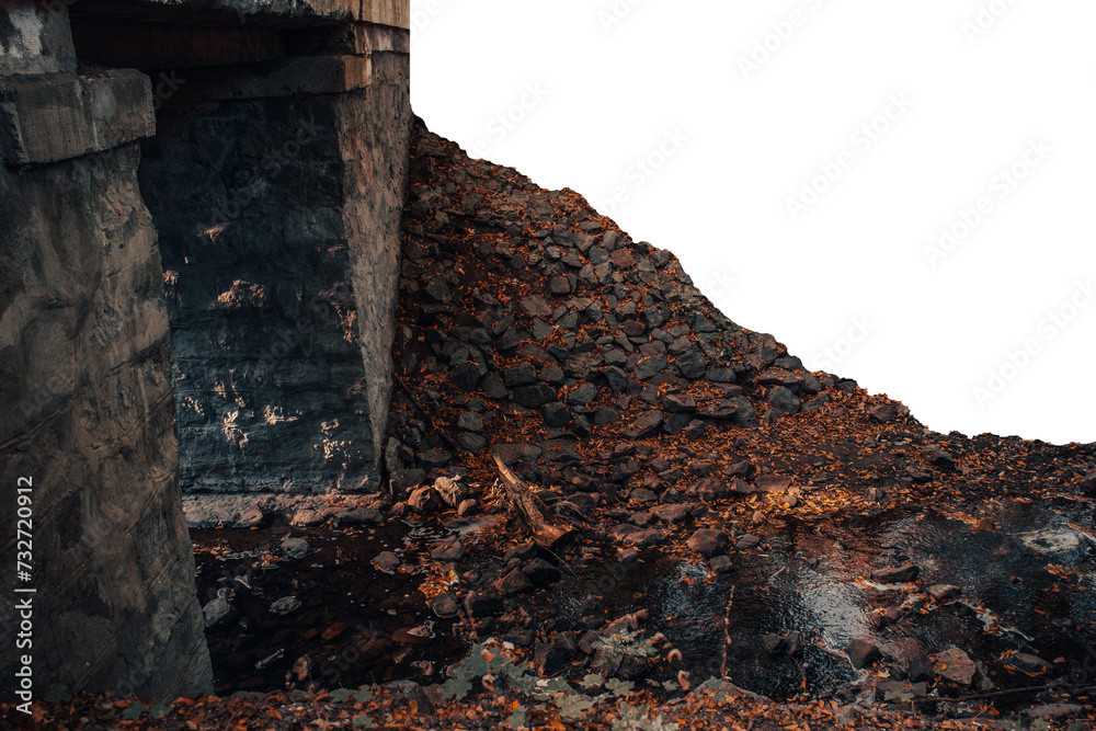 Fototapeta premium The old bridge over the river of the autumn forest isolated PNG photo with transparent background. Forest river stream landscape.