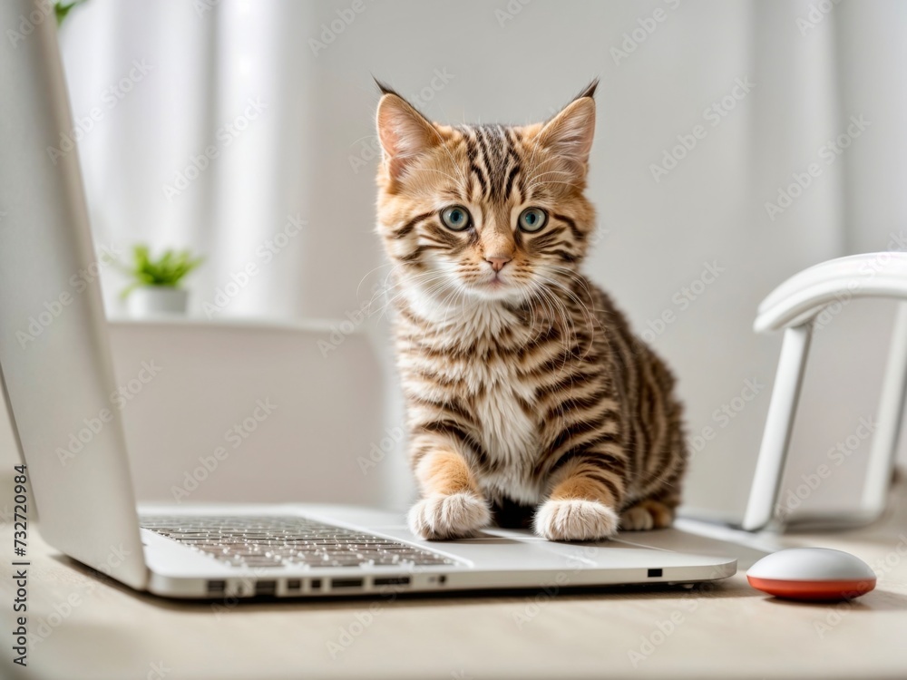 Kitten sitting on laptop keyboard in white room. Freelance, remotely online work and education. Kitten sitting on laptop keyboard in white room. Freelance, remotely online work and education.