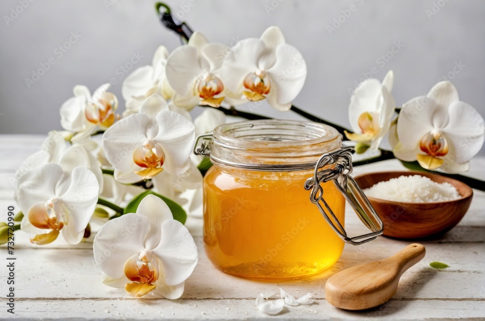 Sugar paste or wax honey for hair removing with wooden waxing spatula stick in jar on white orchid flower on white wooden background Sugar paste or wax honey for hair removing with wooden waxing spatula stick in jar on white orchid flower on white wooden background