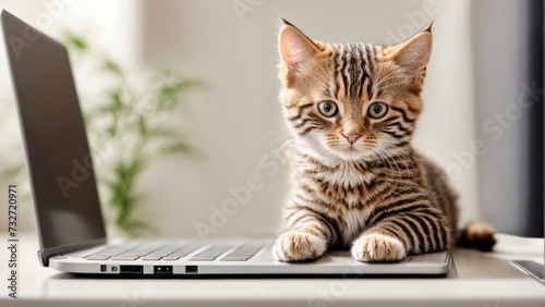 Small striped domestic kitty. Kitten sitting on laptop keyboard in white room. Freelance   remotely online work and education.