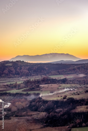 Panoramic view from the hill Avantas byzantine castle Alexandroupolis, Evros region Greece, sunset colors, tourism photo