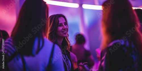 meeting within a company, networking at a reception, group of employees, businesswomen chatting at a networking event, sharing and chatting with a smile