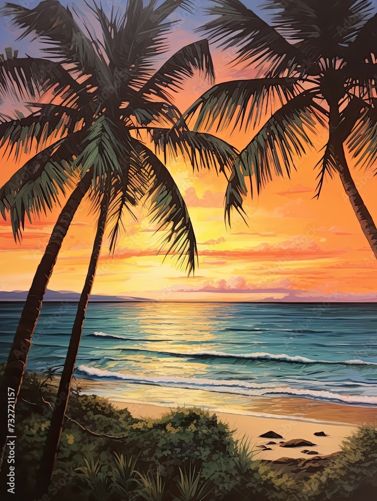 Celebrating the Serenity: Palm Beaches Silhouette � Captivating Nature Art & Ocean View Painting