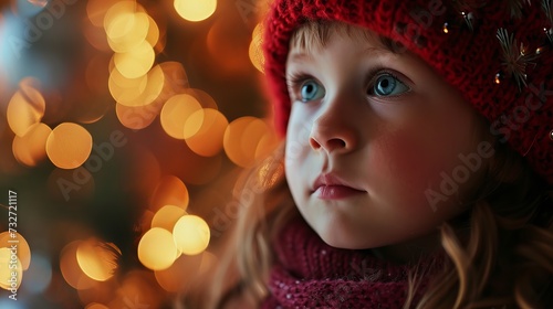 A Girl in Red Winter Clothing with Blurred Christmas Lights Background