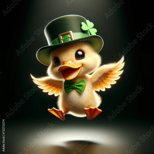 small cute duck celebrating St. Patrick’s Day, hovering in mid-air, isolated and centered on a clean black background