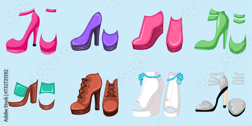 Women shoes set, fashion footwear and shoe collection for girls.