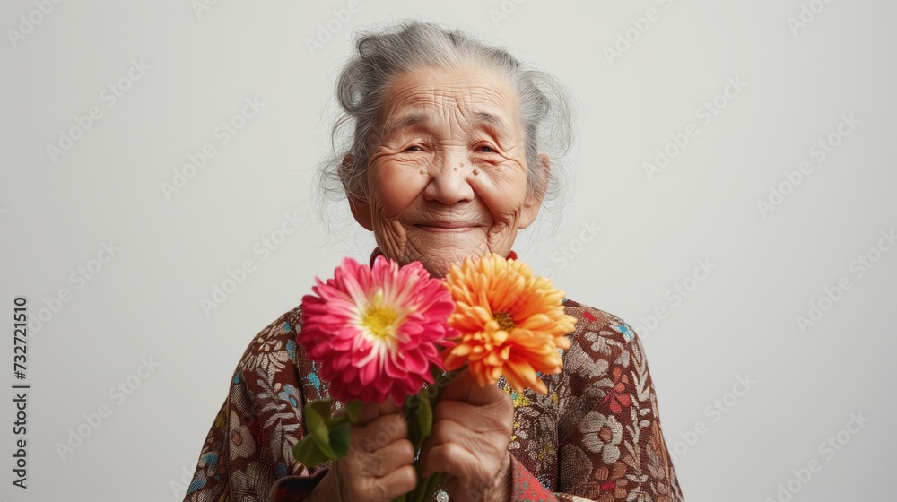 Uma mulher idosa em um fundo fotografico cinza Uma mulher idosa em um fundo fotografico cinza