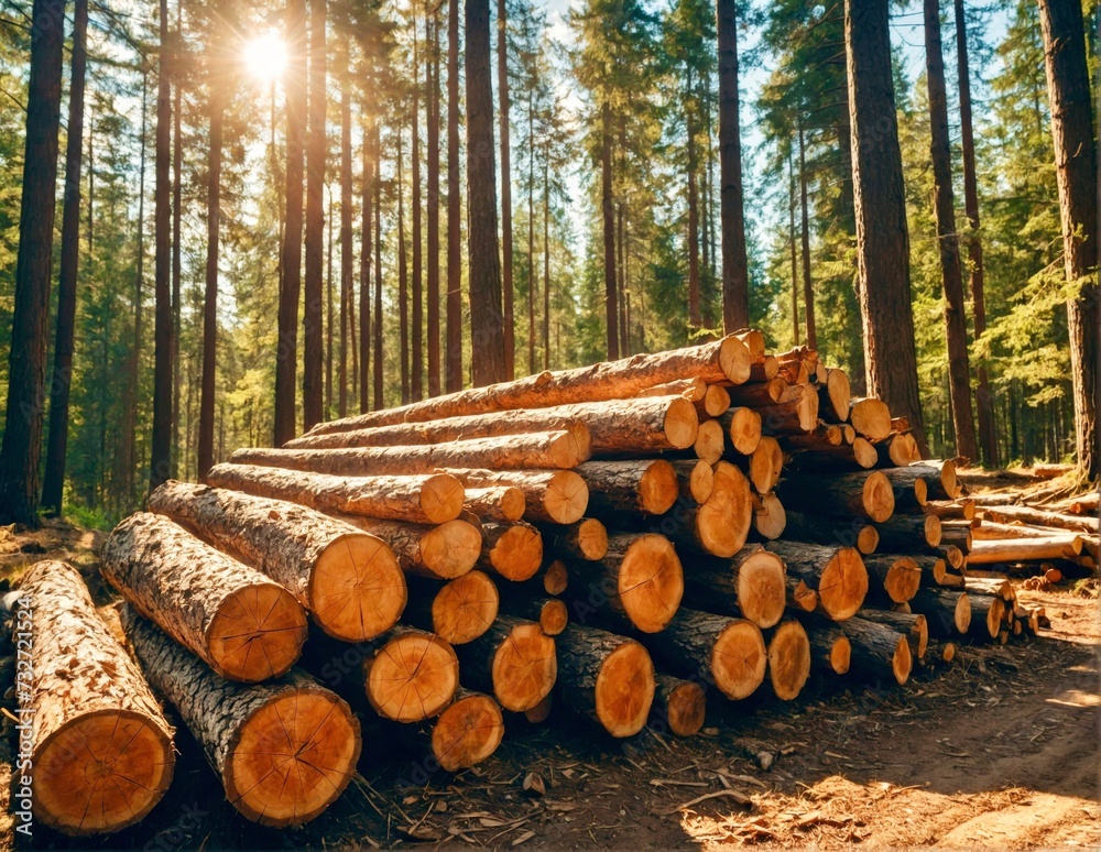 Stack of firewood. Freshly cut tree logs piled up. A big pile of wood in a forest road on forest sunny background Stack of firewood. Freshly cut tree logs piled up. A big pile of wood in a forest road on forest sunny background