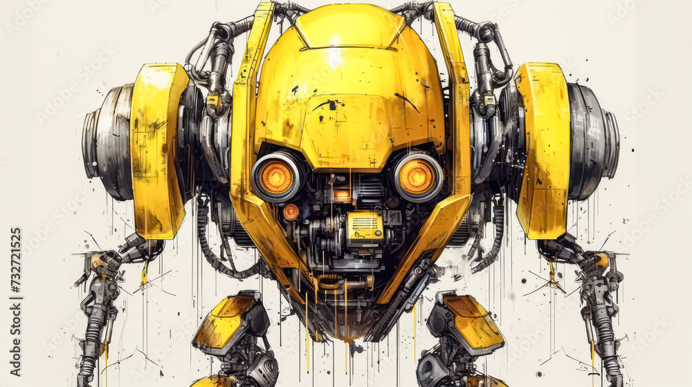 A whimsical watercolor sketch of a robot with yellow gray lines A whimsical watercolor sketch of a robot with yellow gray lines