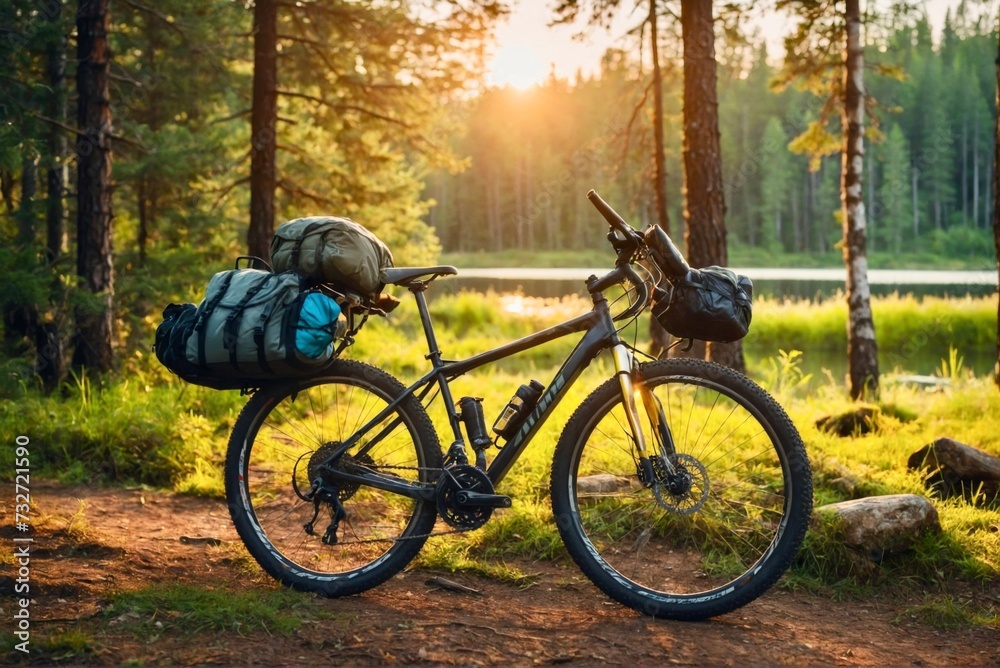 Fototapeta premium Bicycle in the forest. Camping in the forest, Camping rest in a forest road on forest sunny background