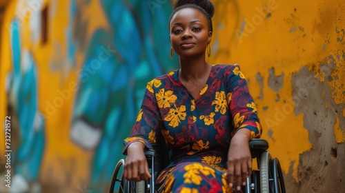 Mulher negra cadeirante sorrindo para a foto