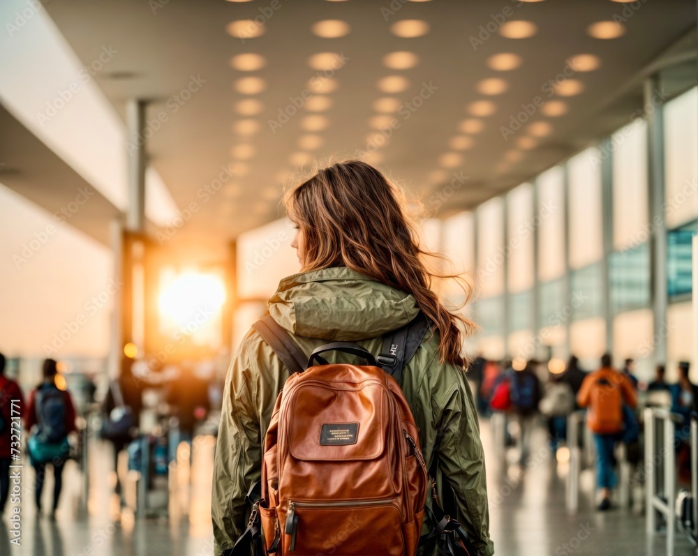 Obraz premium Close up of back view of female traveler with backpack walking in airport terminal at sunset