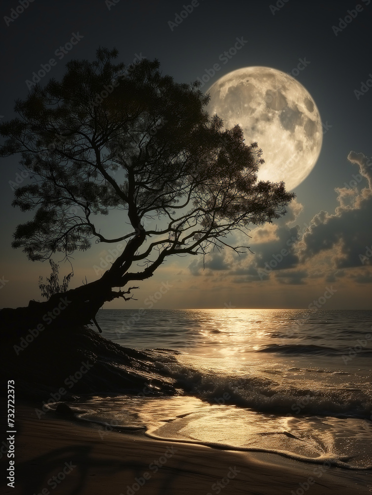 Fototapeta premium Lone tree at night watched the moon rise at night