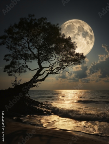 Lone tree at night watched the moon rise at night © Rajko