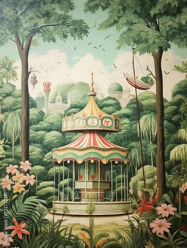 Whimsical Carousel Rides and Vintage Landscape: Botanical Wall Art in Green Fairground Surroundings.