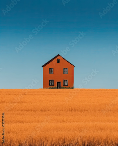 Conceptual landscape image of limited color pallette lone house in wide open field space representing isolation, loneliness or freedom