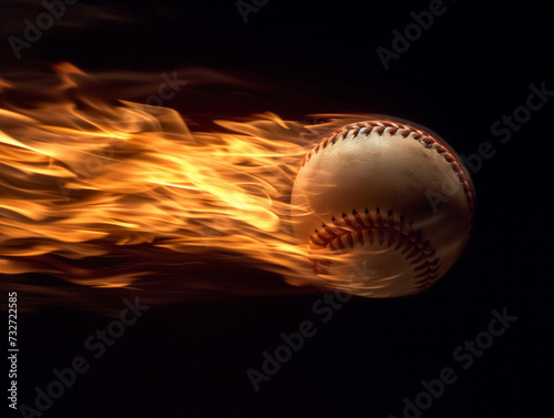 A flaming baseball flies across a solid black background