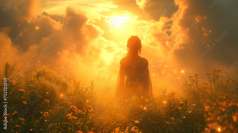 Woman standing in field bathed in intense light from Sky at Sunset Woman standing in field bathed in intense light from Sky at Sunset