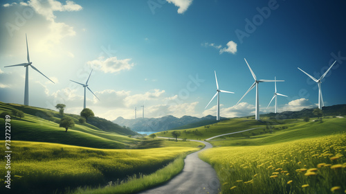 Beautiful Landscape View with Wind Turbine, Clean Energy and Global Warming Concept.