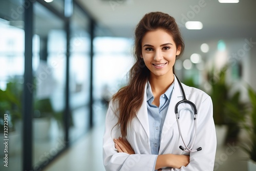 Young female doctor standing in clinic with welcoming smile